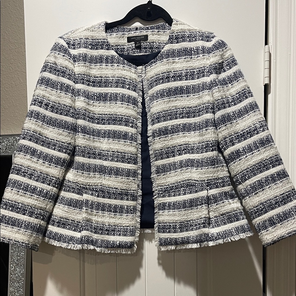 Ann Taylor Navy and White Striped Tweed Blazer